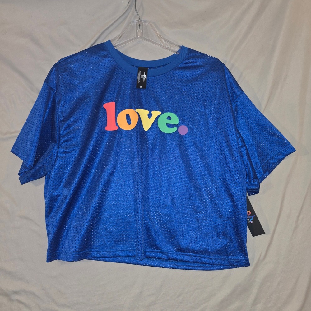 Phluid Project Mesh Jersey Crop Top Medium Unisex Blue Love Rainbow Graphic NWT